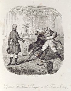 Hněv Squire Westernové s Tomem Jonesem z knihy "Tom Jones, historie nalezence", rytina autora, ilustrace z knihy "The Works of Henry Fielding", vyd. Henry G. Bohn, 1853. od George Cruikshank